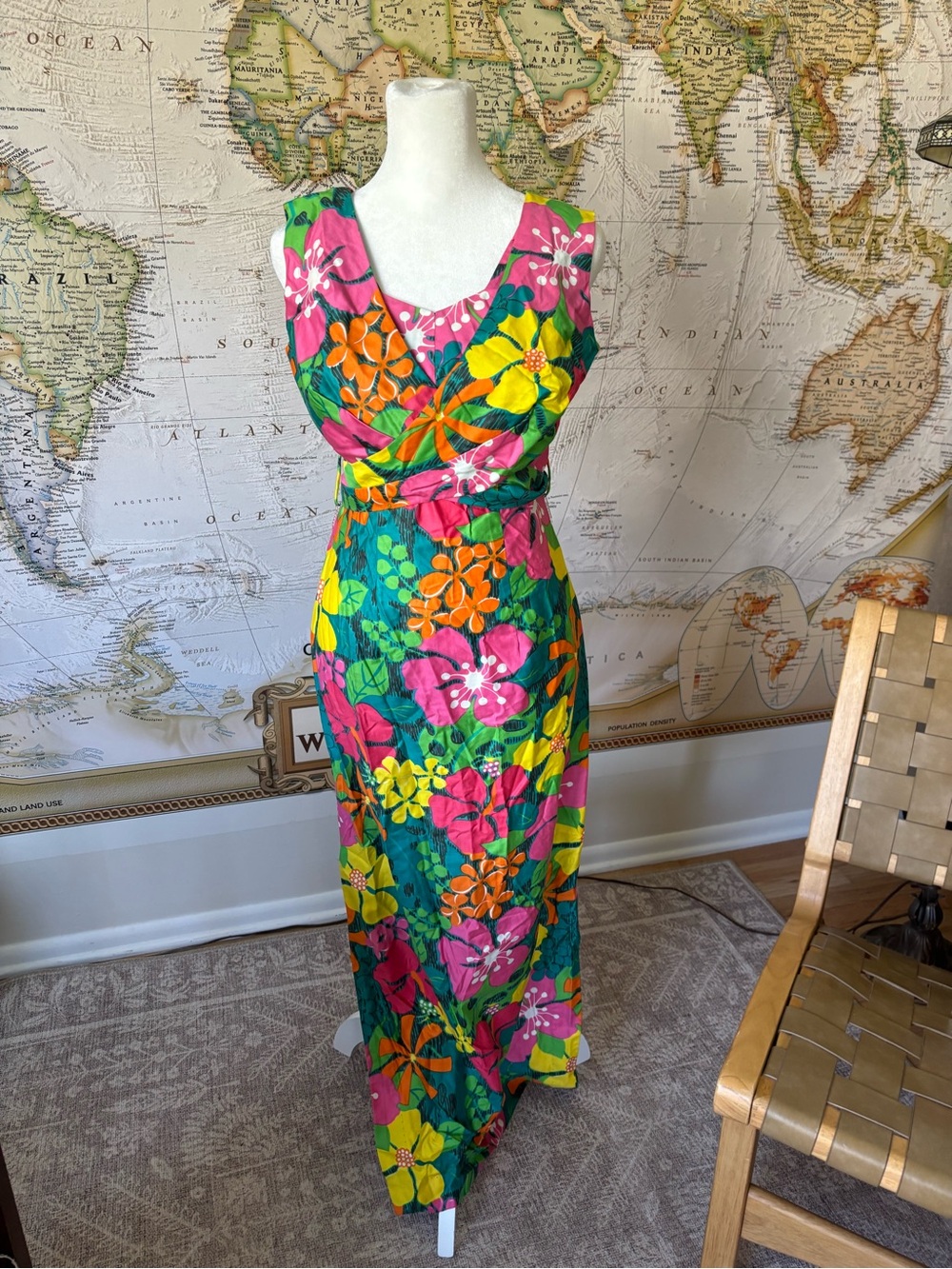 Vintage kehaulani Hawaiian Floral Maxi Dress in Green, Pink, Yellow and Orange